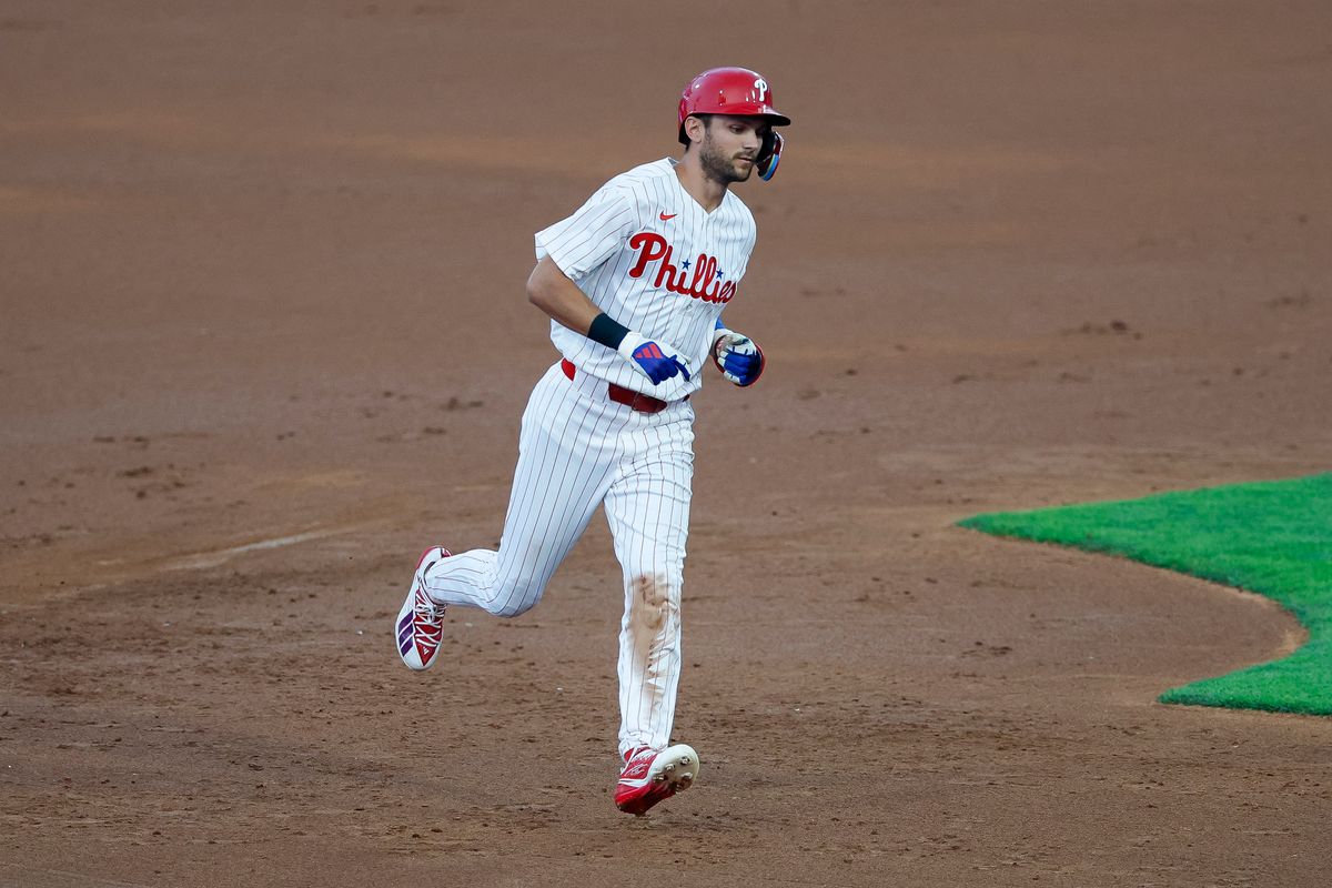 Trea Turner #7 of the Philadelphia Phillies hits a home run against the Los Angeles Dodgers at Citizens Bank Park on July 20, 2026 in Philadelphia, Pennsylvania.