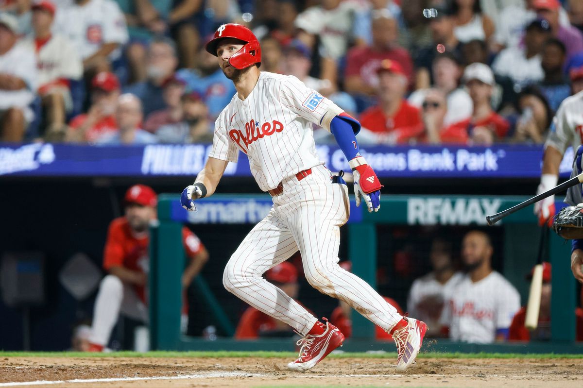 Trea Turner #7 of the Philadelphia Phillies watches his 2nd home run of the game against the Los Angeles Dodgers at Citizens Bank Park on July 20, 2026 in Philadelphia, Pennsylvania.