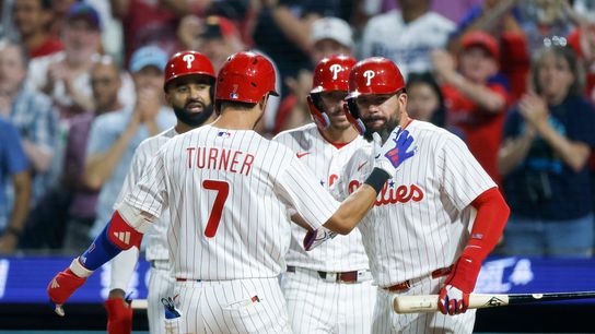 Trea Turner #7 of the Philadelphia Phillies celebrates his 2nd home run of the game against the Los Angeles Dodgers at Citizens Bank Park on July 20, 2026 in Philadelphia, Pennsylvania.