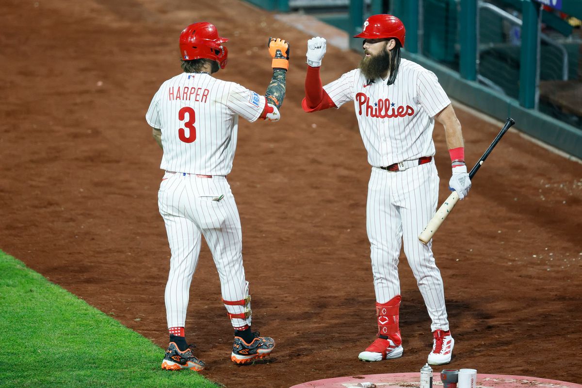 Bryce Harper #3 of the Philadelphia Phillies celebrates his home run against the Los Angeles Dodgers at Citizens Bank Park on July 20, 2026 in Philadelphia, Pennsylvania.