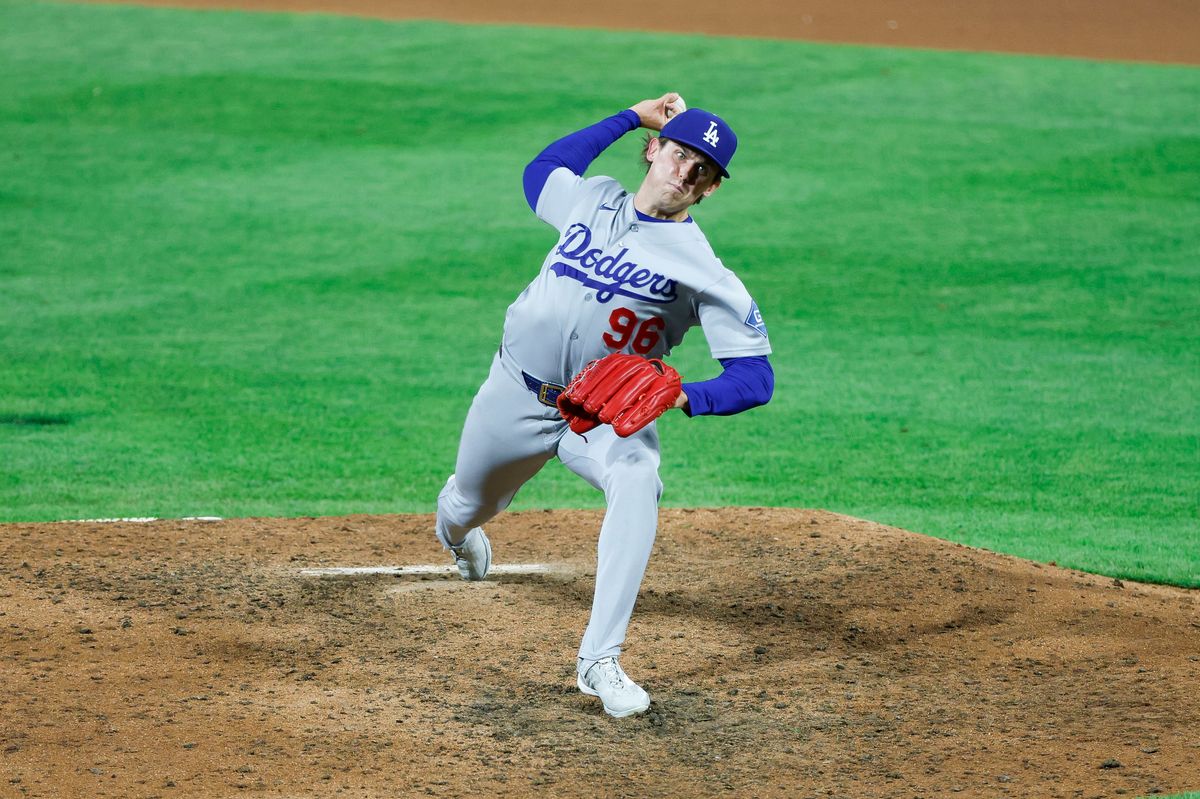 Landon Knack #96 of the Los Angeles Dodgers pitches against the Philadelphia Phillies at Citizens Bank Park on July 20, 2026 in Philadelphia, Pennsylvania.