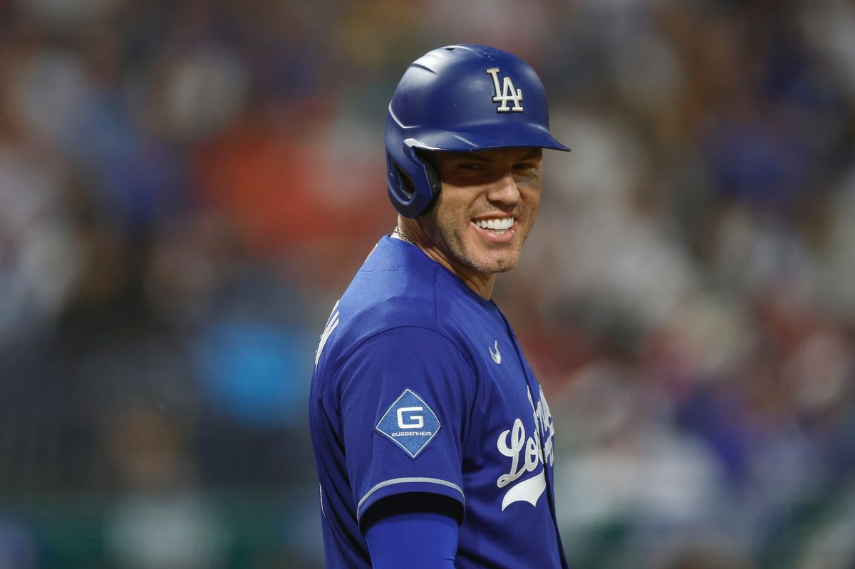 Freddie Freeman #5 of the Los Angeles Dodgers smiles at the plate against the Philadelphia Phillies at Citizens Bank Park on July 21, 2026 in Philadelphia, Pennsylvania. Freddie Freeman #5 of the Los Angeles Dodgers smiles at the plate against the Philadelphia Phillies at Citizens Bank Park on July 21, 2026 in Philadelphia, Pennsylvania.