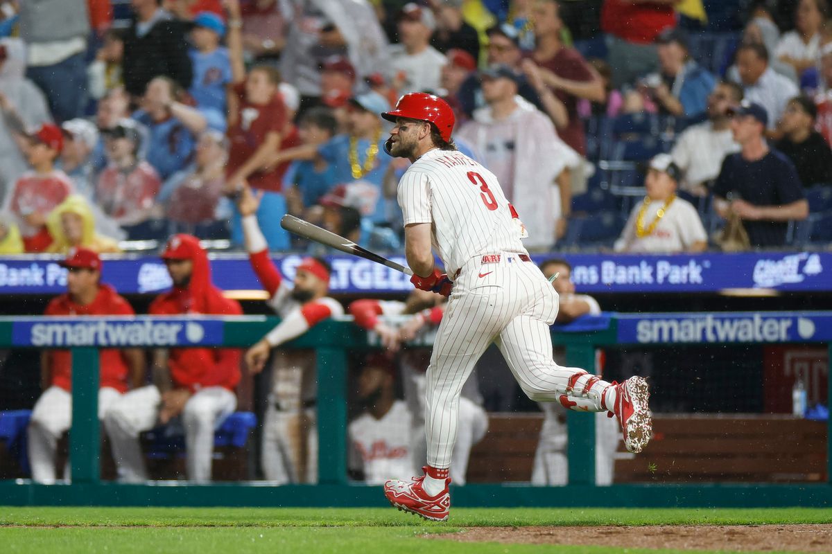 Bryce Harper #3 of the Philadelphia Phillies reacts after a fly out against the Los Angeles Dodgers at Citizens Bank Park on July 21, 2026 in Philadelphia, Pennsylvania. Bryce Harper #3 of the Philadelphia Phillies reacts after a fly out against the Los Angeles Dodgers at Citizens Bank Park on July 21, 2026 in Philadelphia, Pennsylvania.