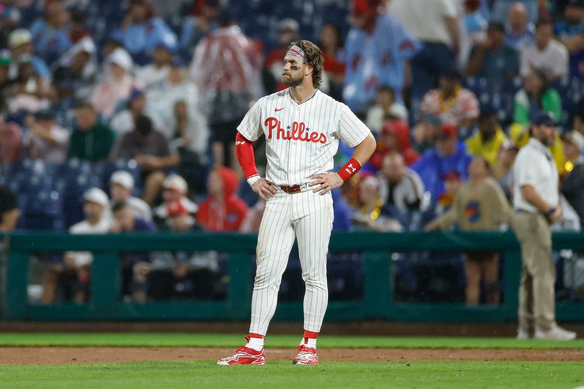 Bryce Harper #3 of the Philadelphia Phillies stands on the field against the Los Angeles Dodgers at Citizens Bank Park on July 21, 2026 in Philadelphia, Pennsylvania. Bryce Harper #3 of the Philadelphia Phillies stands on the field against the Los Angeles Dodgers at Citizens Bank Park on July 21, 2026 in Philadelphia, Pennsylvania.