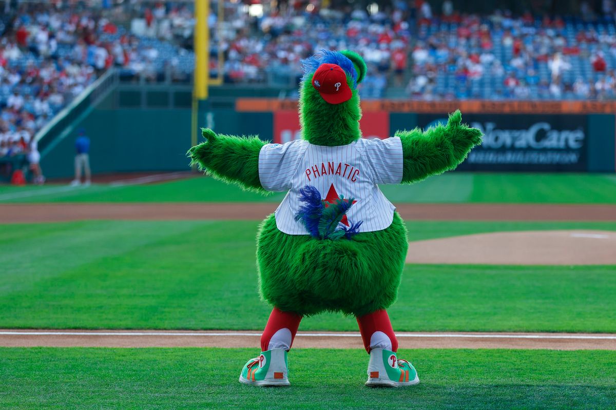 The Phillie Phanatic entertains prior to a game between the Los Angeles Dodgers and the Philadelphia Phillies at Citizens Bank Park on July 22, 2026 in Philadelphia, Pennsylvania.