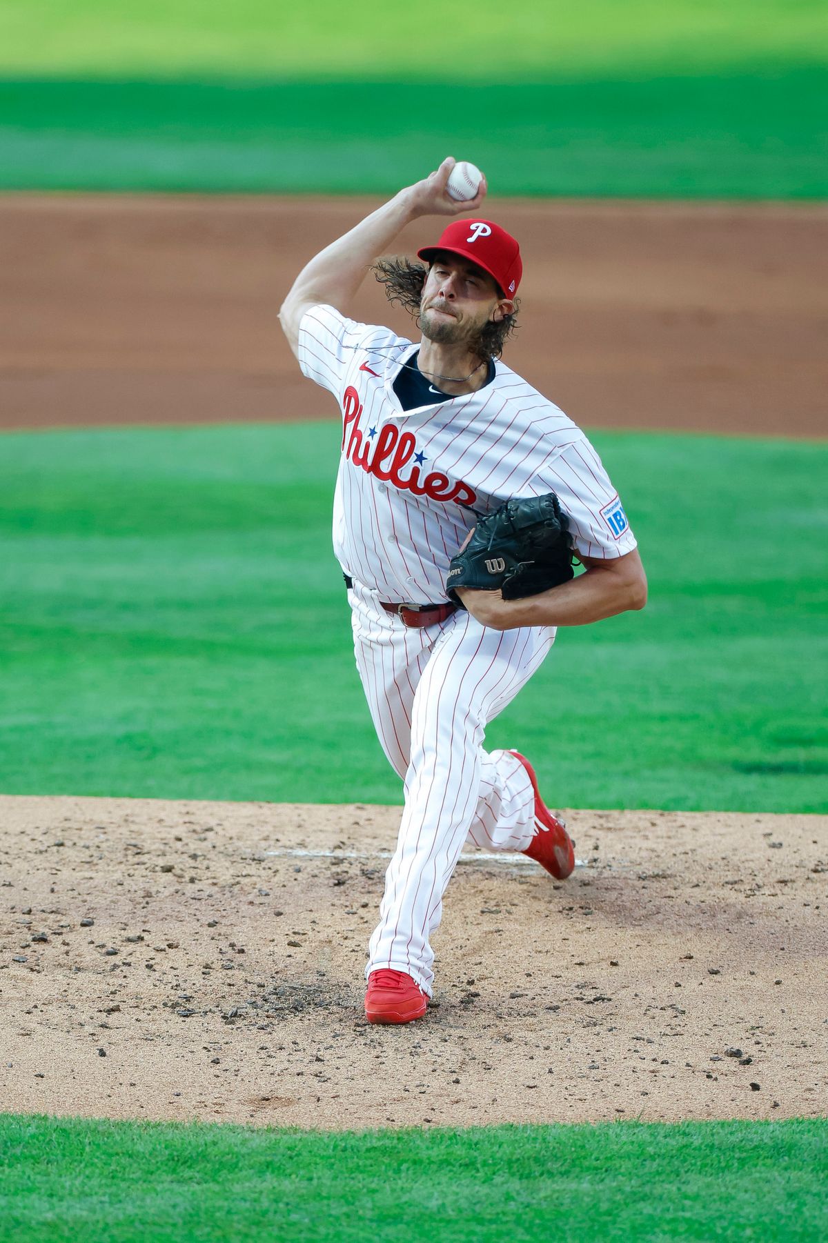 Aaron Nola #27 of the Philadelphia Phillies pitches against the Los Angeles Dodgers at Citizens Bank Park on July 22, 2026 in Philadelphia, Pennsylvania.