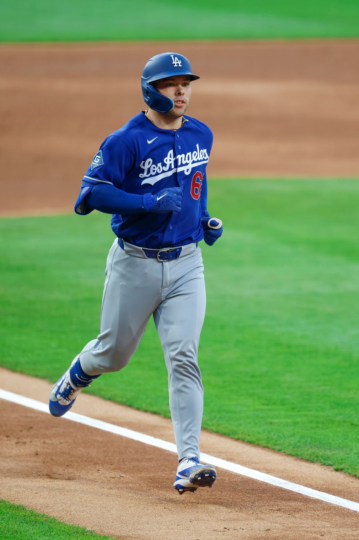 Dalton Rushing #68 of the Los Angeles Dodgers hits a home run against the Philadelphia Phillies at Citizens Bank Park on July 22, 2026 in Philadelphia, Pennsylvania.