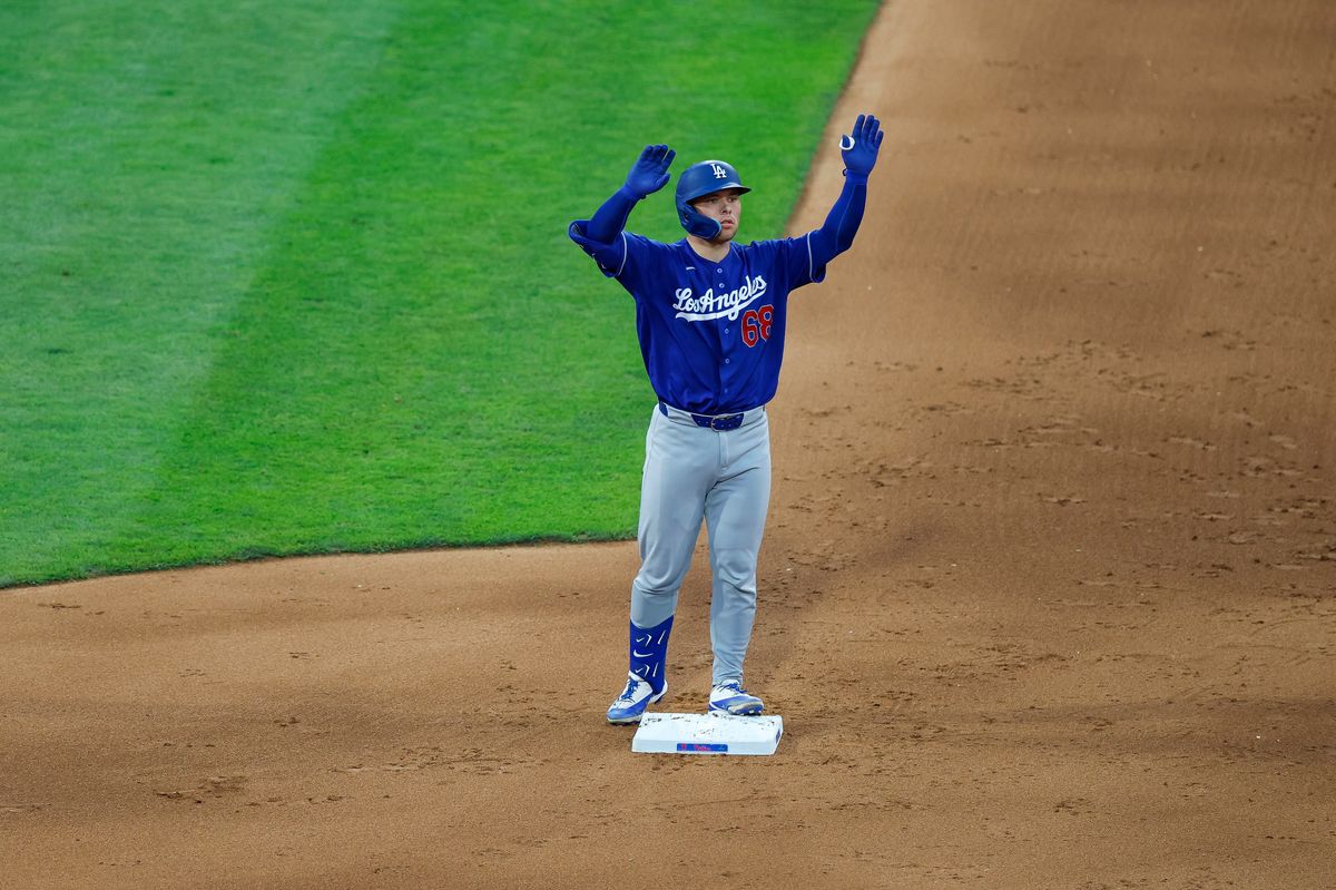 Dalton Rushing #68 of the Los Angeles Dodgers celebrates against the Philadelphia Phillies at Citizens Bank Park on July 22, 2026 in Philadelphia, Pennsylvania.