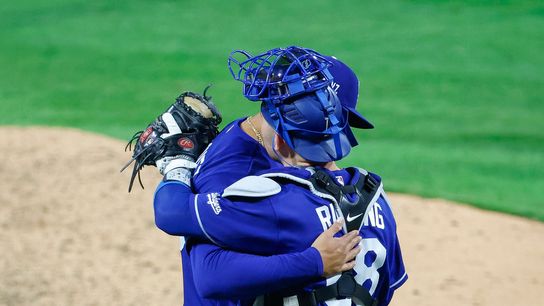 Edgardo Henriquez #60 and Dalton Rushing #68 of the Los Angeles Dodgers celebrate a team victory over the Philadelphia Phillies at Citizens Bank Park on July 22, 2026 in Philadelphia, Pennsylvania.