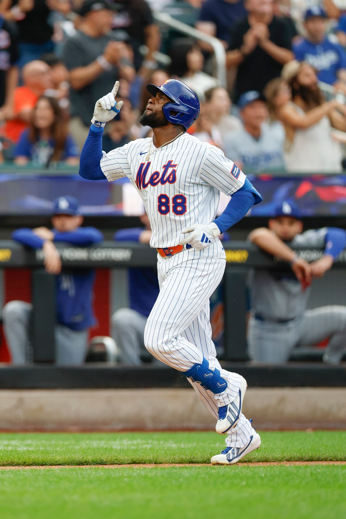 Luis Robert Jr. #88 of the New York Mets celebrates a home run against the Los Angeles Dodgers at Citi Field on July 24, 2026 in New York, New York. Luis Robert Jr. #88 of the New York Mets celebrates a home run against the Los Angeles Dodgers at Citi Field on July 24, 2026 in New York, New York.