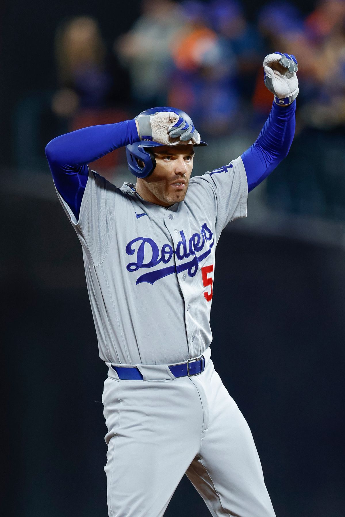 Freddie Freeman #5 of the Los Angeles Dodgers celebrates against the New York Mets at Citi Field on July 24, 2026 in New York, New York. Freddie Freeman #5 of the Los Angeles Dodgers celebrates against the New York Mets at Citi Field on July 24, 2026 in New York, New York.