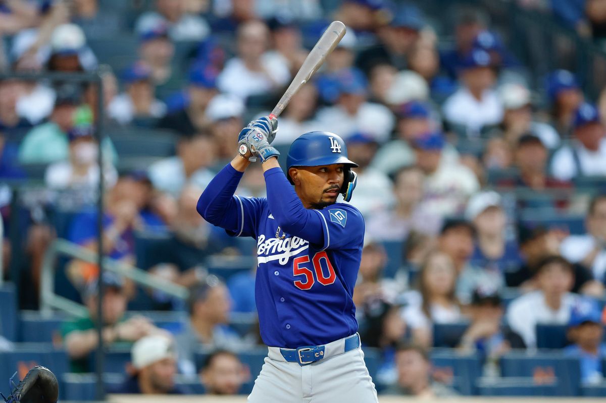 Mookie Betts #50 of the Los Angeles Dodgers waits for a pitch against the New York Mets at Citi Field on July 25, 2026 in New York, New York. Mookie Betts #50 of the Los Angeles Dodgers waits for a pitch against the New York Mets at Citi Field on July 25, 2026 in New York, New York.