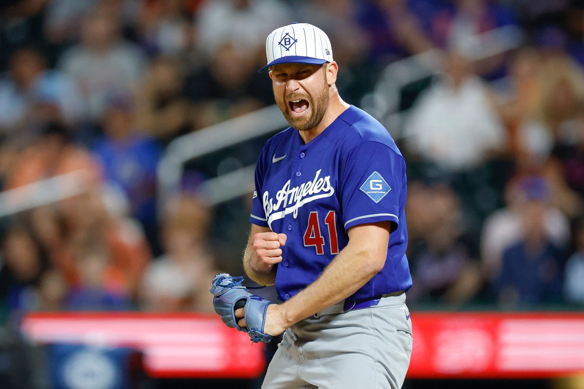 Brock Stewart #41 of the Los Angeles Dodgers celebrates after the final out in a team victory over the New York Mets at Citi Field on July 25, 2026 in New York, New York. Brock Stewart #41 of the Los Angeles Dodgers celebrates after the final out in a team victory over the New York Mets at Citi Field on July 25, 2026 in New York, New York.