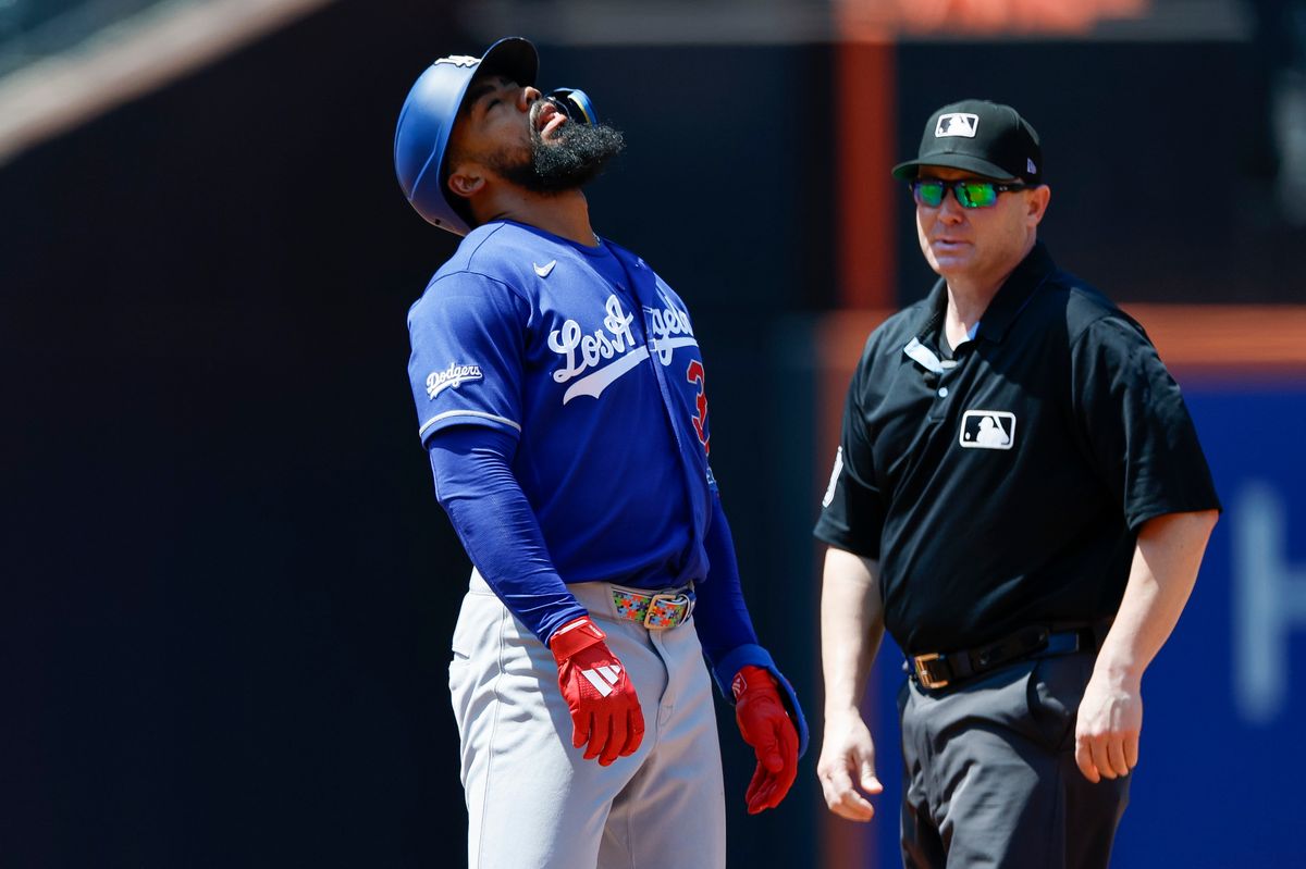 Teoscar Hernandez #37 of the Los Angeles Dodgers reacts after being thrown out at second base against the New York Mets at Citi Field on July 26, 2026 in New York, New York. Teoscar Hernandez #37 of the Los Angeles Dodgers reacts after being thrown out at second base against the New York Mets at Citi Field on July 26, 2026 in New York, New York.