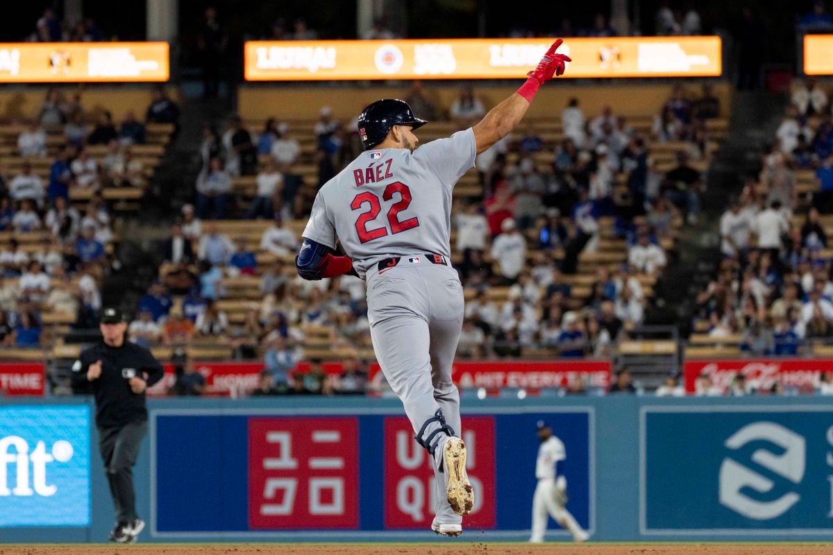 Joshua Baez #22 of the St. Louis Cardinals celebrates his home run during an MLB baseball game against the Los Angeles Dodgers, Tuesday September 1st, 2026 in Los Angeles, California.