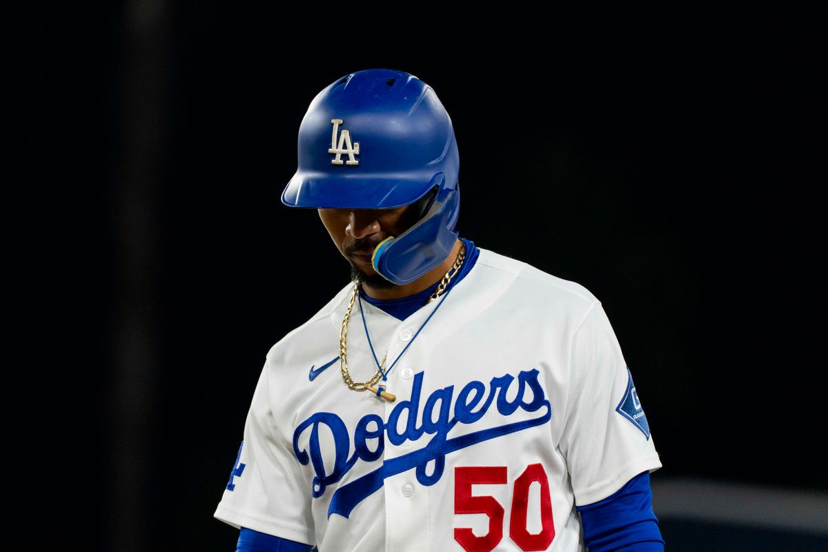 Mookie Betts #50 of the Los Angeles Dodgers looking disappointed during an MLB baseball game against the St. Louis Cardinals, Tuesday September 1st, 2026 in Los Angeles, California. 