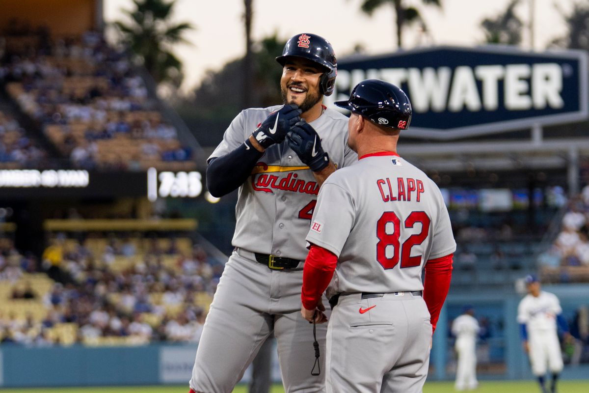 Ivan Herrera #48 of the St. Louis Cardinals celebrates his base hit during an MLB baseball game against the Los Angeles Dodgers, Tuesday September 1st, 2026 in Los Angeles, California.