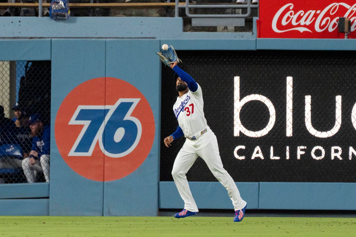 Teoscar Hernandez #37 of the Los Angeles Dodgers catches the fly ball to secure the out during an MLB baseball game against the St. Louis Cardinals, Tuesday September 1st, 2026 in Los Angeles, California.
