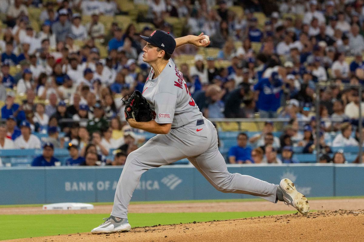 Michael McGreevy #36 of the St. Louis Cardinals throws a strike during an MLB baseball game against the Los Angeles Dodgers, Tuesday September 1st, 2026 in Los Angeles, California.