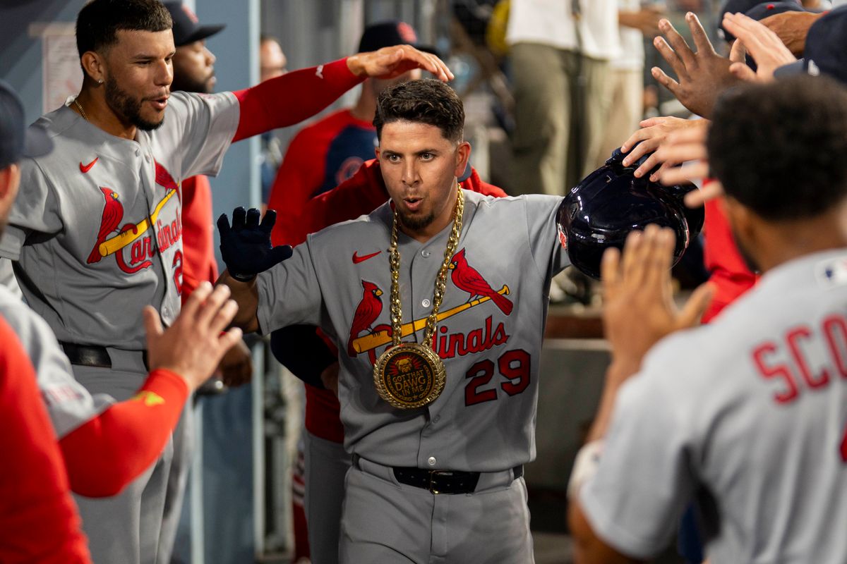 Ramon Urias #29 of the St. Louis Cardinals celebrates his home run in the dugout during an MLB baseball game against the Los Angeles Dodgers, Tuesday September 1st, 2026 in Los Angeles, California.
