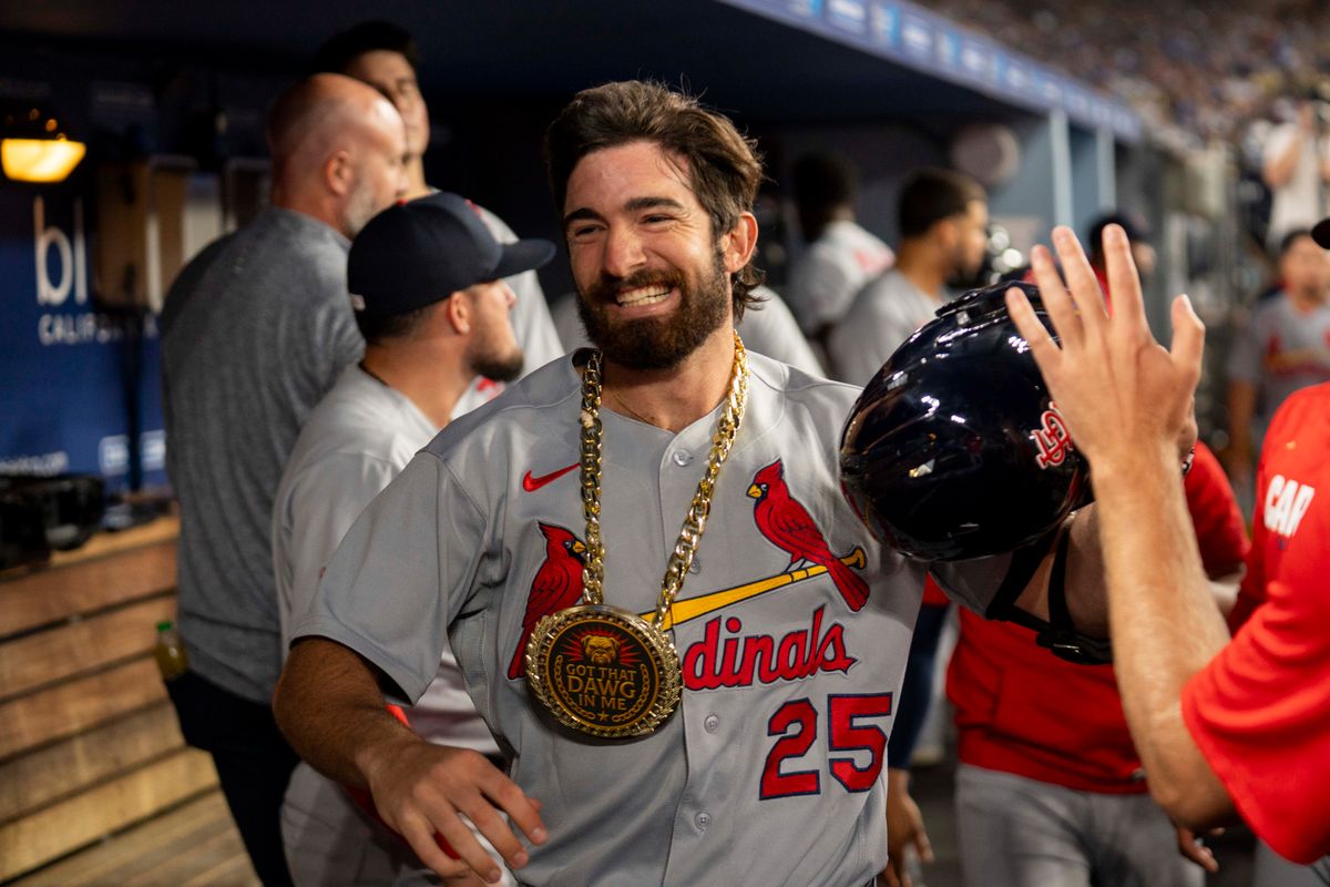 Thomas Saggese #25 of the St. Louis Cardinals celebrates one of two home runs in the dugout during an MLB baseball game against the Los Angeles Dodgers, Tuesday September 1st, 2026 in Los Angeles, California.