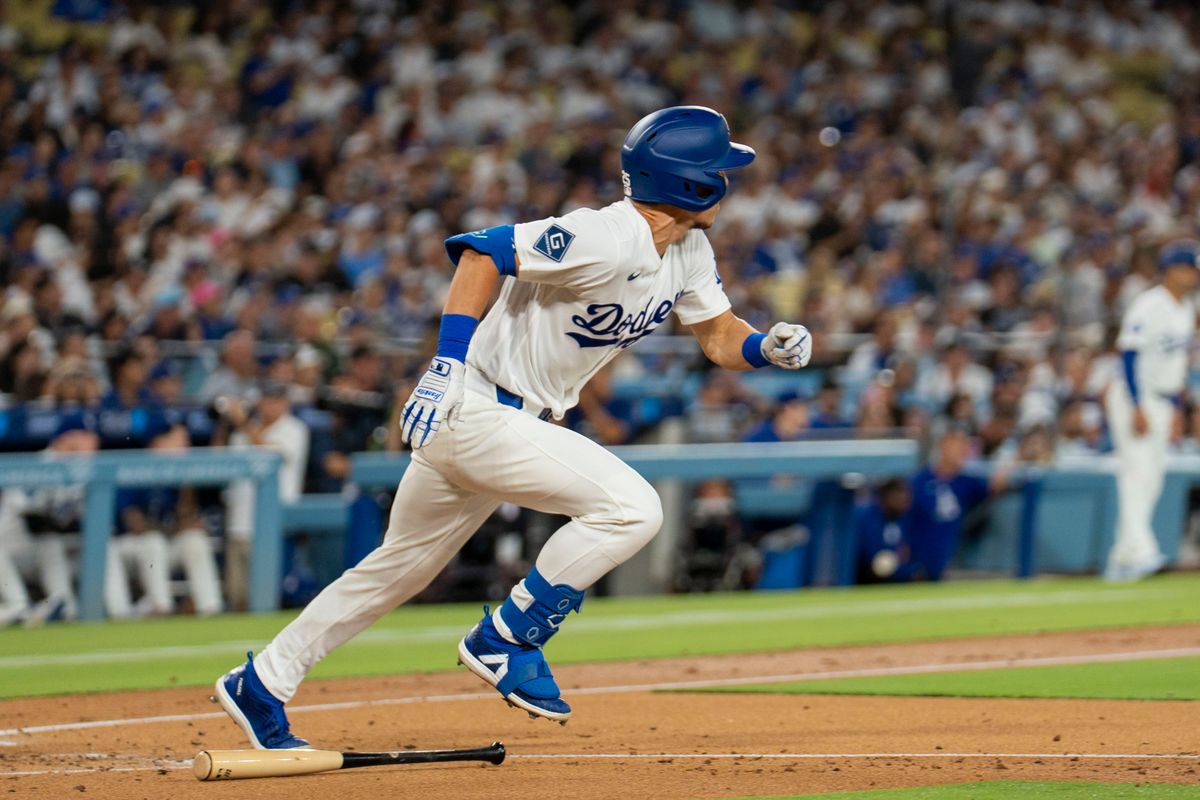 Tommy Edman #25 of the Los Angeles Dodgers with a base hit during an MLB baseball game against the St. Louis Cardinals, Tuesday September 1st, 2026 in Los Angeles, California.