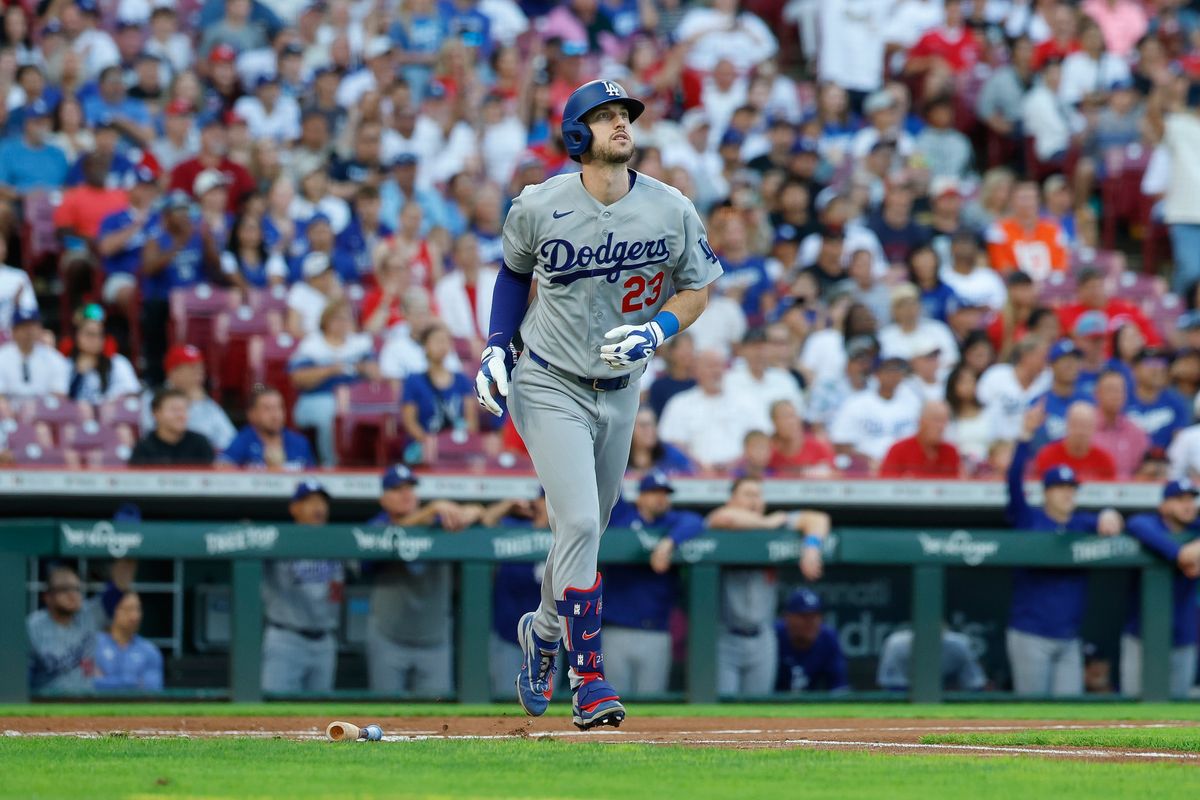 Kyle Tucker #23 of the Los Angeles Dodgers watches his solo home run against the Cincinnati Reds at Great American Ball Park on September 14, 2026 in Cincinnati, Ohio. Kyle Tucker #23 of the Los Angeles Dodgers watches his solo home run against the Cincinnati Reds at Great American Ball Park on September 14, 2026 in Cincinnati, Ohio.