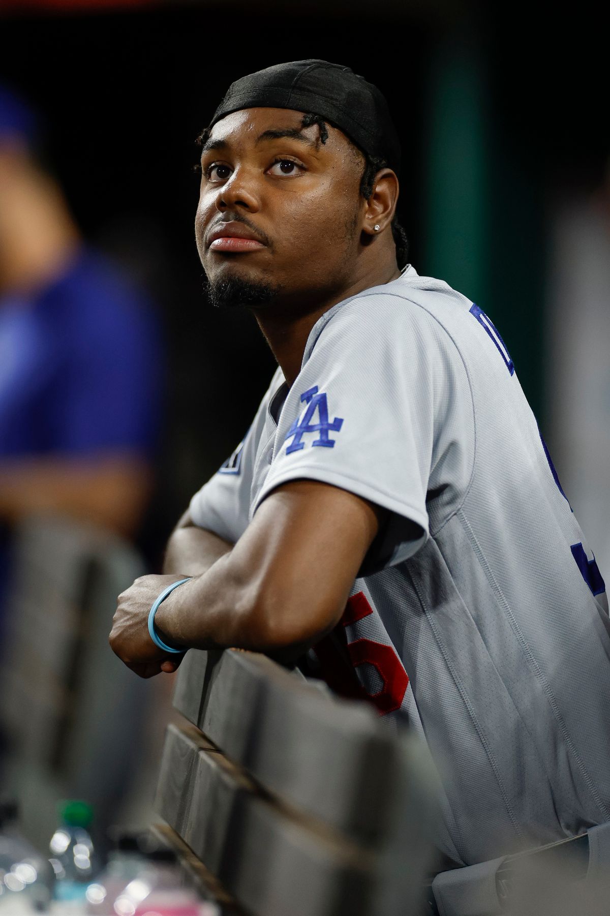 Josue de Paula #95 of the Los Angeles Dodgers in the dugout against the Cincinnati Reds at Great American Ball Park on September 14, 2026 in Cincinnati, Ohio. Josue de Paula #95 of the Los Angeles Dodgers in the dugout against the Cincinnati Reds at Great American Ball Park on September 14, 2026 in Cincinnati, Ohio.