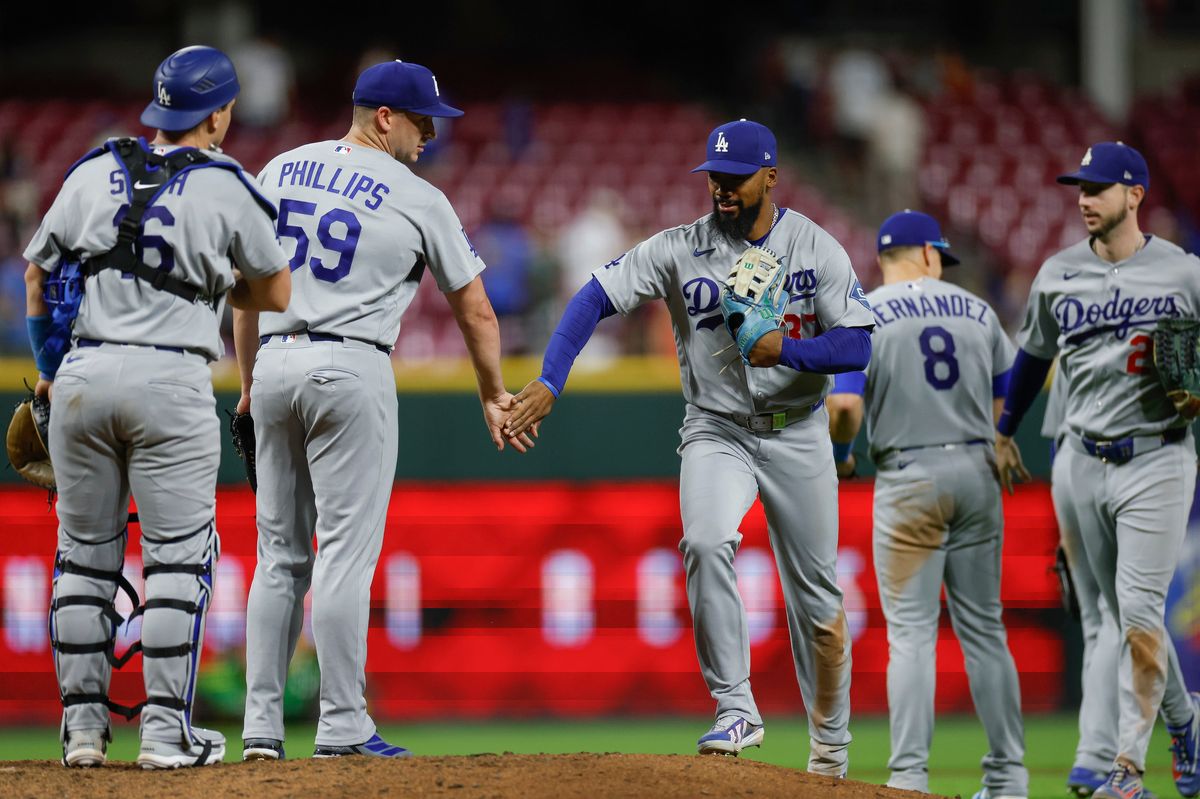 Teoscar Hernandez #37 of the Los Angeles Dodgers celebrates with teammates against the Cincinnati Reds at Great American Ball Park on September 14, 2026 in Cincinnati, Ohio. Teoscar Hernandez #37 of the Los Angeles Dodgers celebrates with teammates against the Cincinnati Reds at Great American Ball Park on September 14, 2026 in Cincinnati, Ohio.