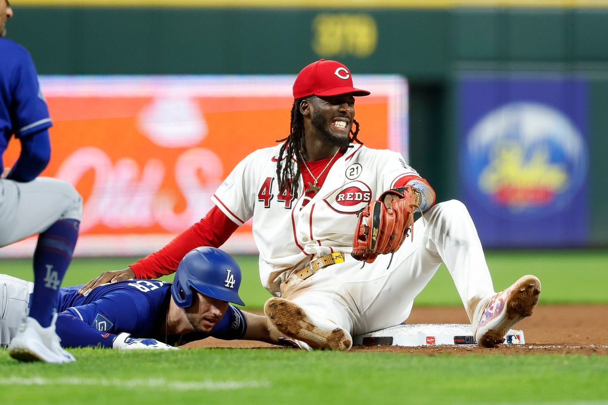 Elly De La Cruz #44 of the Cincinnati Reds reacts after tagging out Kyle Tucker #23 of the Los Angeles Dodgers at Great American Ball Park on September 15, 2026 in Cincinnati, Ohio. Elly De La Cruz #44 of the Cincinnati Reds reacts after tagging out Kyle Tucker #23 of the Los Angeles Dodgers at Great American Ball Park on September 15, 2026 in Cincinnati, Ohio.