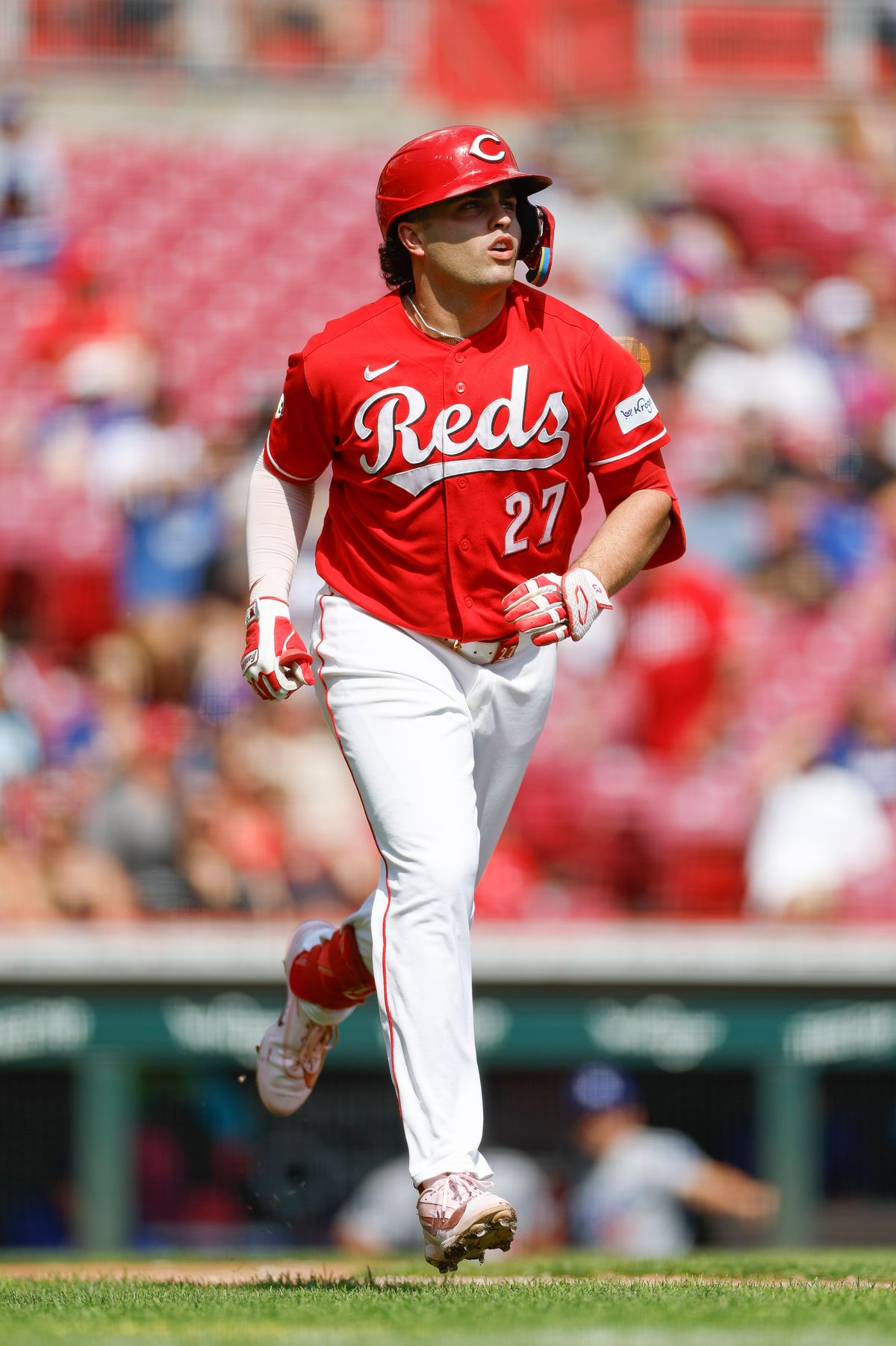 Sal Stewart #27 of the Cincinnati Reds hits a home run against the Los Angeles Dodgers at Great American Ball Park on September 17, 2026 in Cincinnati, Ohio. Sal Stewart #27 of the Cincinnati Reds hits a home run against the Los Angeles Dodgers at Great American Ball Park on September 17, 2026 in Cincinnati, Ohio.
