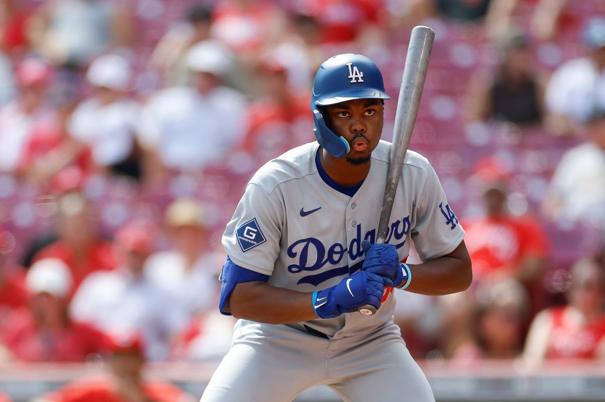 Josue de Paula #95 of the Los Angeles Dodgers reacts after a pitch against the Cincinnati Reds at Great American Ball Park on September 17, 2026 in Cincinnati, Ohio. Josue de Paula #95 of the Los Angeles Dodgers reacts after a pitch against the Cincinnati Reds at Great American Ball Park on September 17, 2026 in Cincinnati, Ohio.