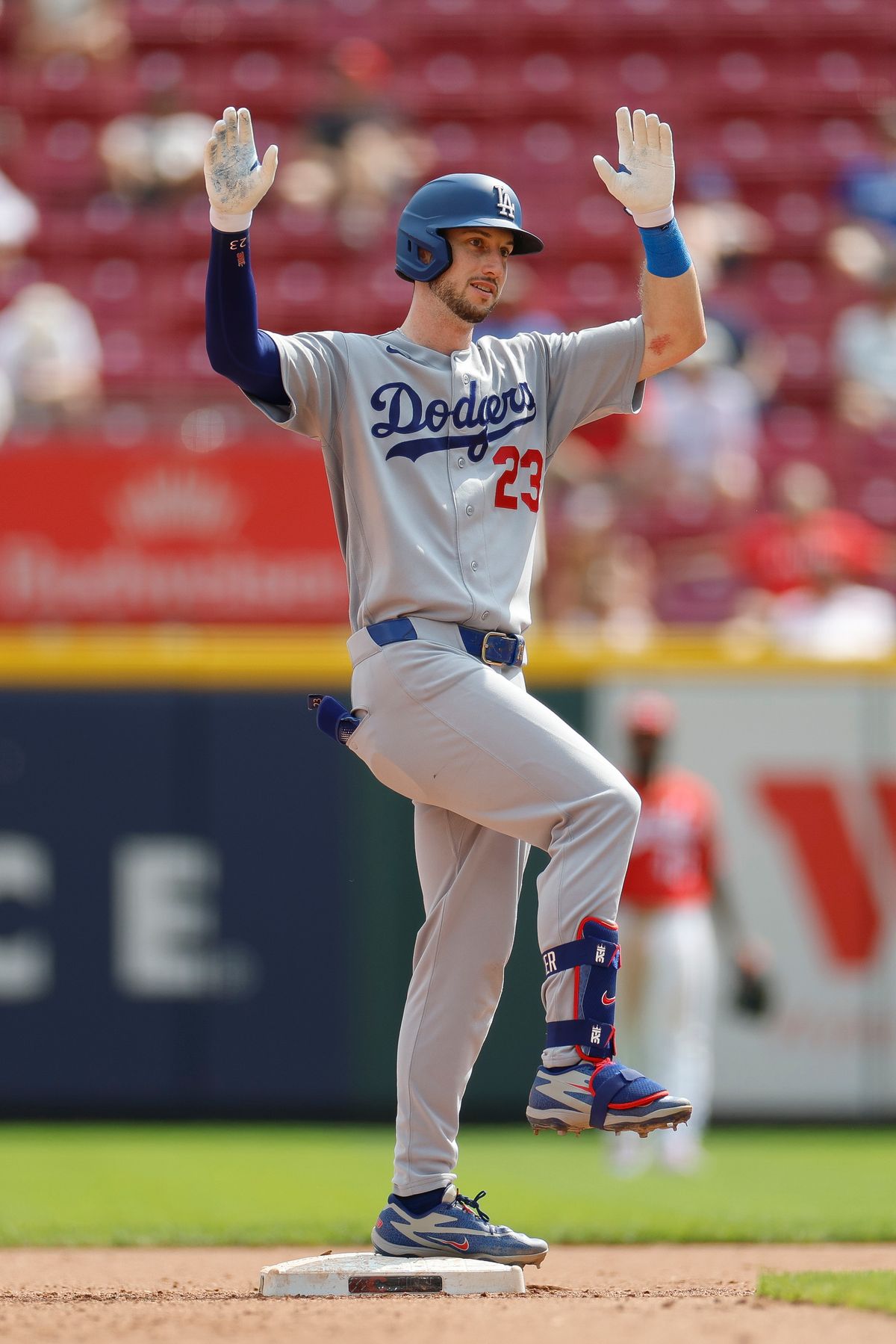 Kyle Tucker #23 of the Los Angeles Dodgers celebrates a double against the Cincinnati Reds at Great American Ball Park on September 17, 2026 in Cincinnati, Ohio. Kyle Tucker #23 of the Los Angeles Dodgers celebrates a double against the Cincinnati Reds at Great American Ball Park on September 17, 2026 in Cincinnati, Ohio.