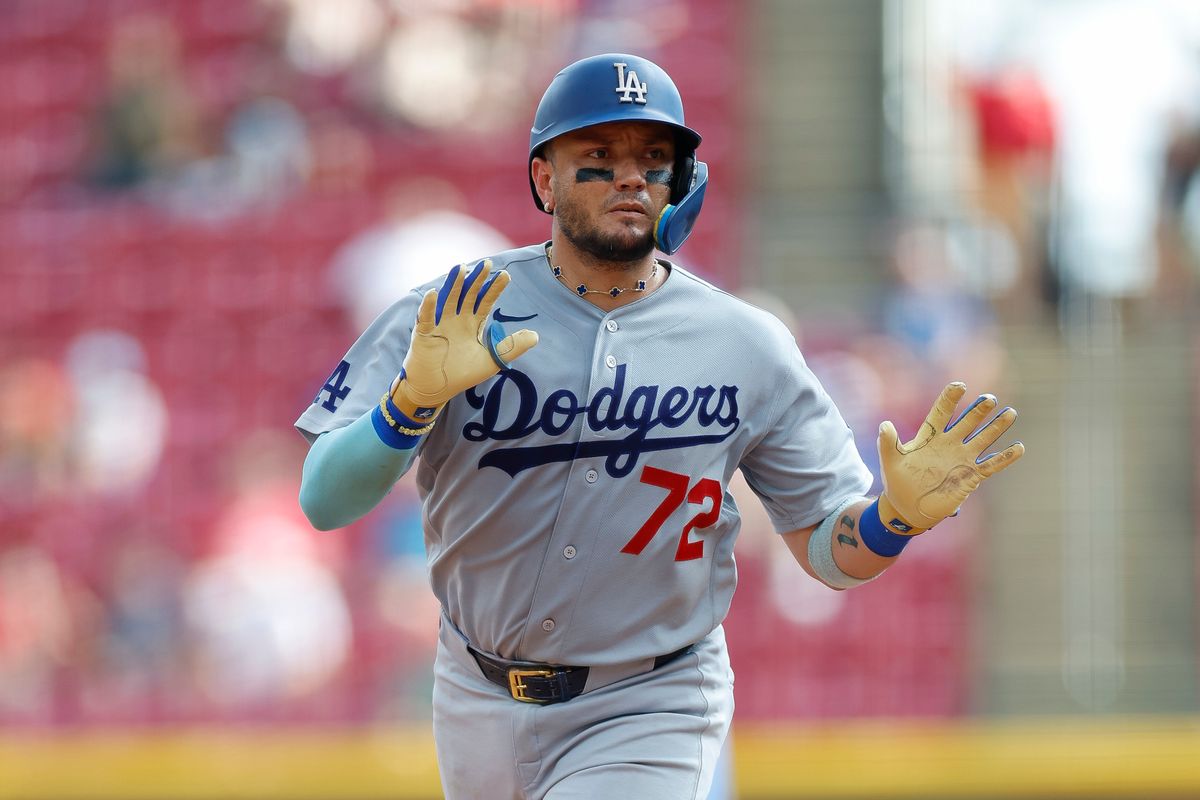 Miguel Rojas #72 of the Los Angeles Dodgers celebrates a home run against the Cincinnati Reds at Great American Ball Park on September 17, 2026 in Cincinnati, Ohio. Miguel Rojas #72 of the Los Angeles Dodgers celebrates a home run against the Cincinnati Reds at Great American Ball Park on September 17, 2026 in Cincinnati, Ohio.