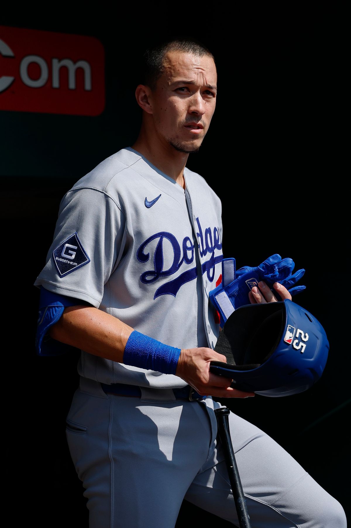 Tommy Edman #25 of the Los Angeles Dodgers stands in the dugout against the Cincinnati Reds at Great American Ball Park on September 17, 2026 in Cincinnati, Ohio. Tommy Edman #25 of the Los Angeles Dodgers stands in the dugout against the Cincinnati Reds at Great American Ball Park on September 17, 2026 in Cincinnati, Ohio.