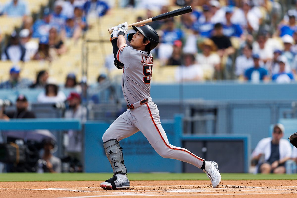 Jung Hoo Lee #51 of the San Francisco Giants swings during the game against the Los Angeles Dodgers at Dodger Stadium on September 20, 2026 in Los Angeles, California. Jung Hoo Lee #51 of the San Francisco Giants swings during the game against the Los Angeles Dodgers at Dodger Stadium on September 20, 2026 in Los Angeles, California.