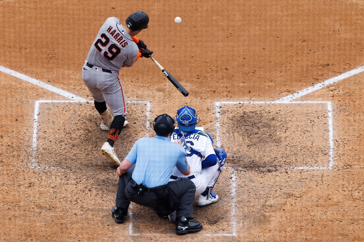 Brett Harris #29 of the San Francisco Giants swings during the game against the Los Angeles Dodgers at Dodger Stadium on September 20, 2026 in Los Angeles, California. Brett Harris #29 of the San Francisco Giants swings during the game against the Los Angeles Dodgers at Dodger Stadium on September 20, 2026 in Los Angeles, California.