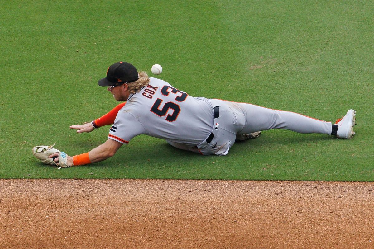 Jonah Cox #53 of the San Francisco Giants dives for a ball during the game against the Los Angeles Dodgers at Dodger Stadium on September 20, 2026 in Los Angeles, California. Jonah Cox #53 of the San Francisco Giants dives for a ball during the game against the Los Angeles Dodgers at Dodger Stadium on September 20, 2026 in Los Angeles, California.