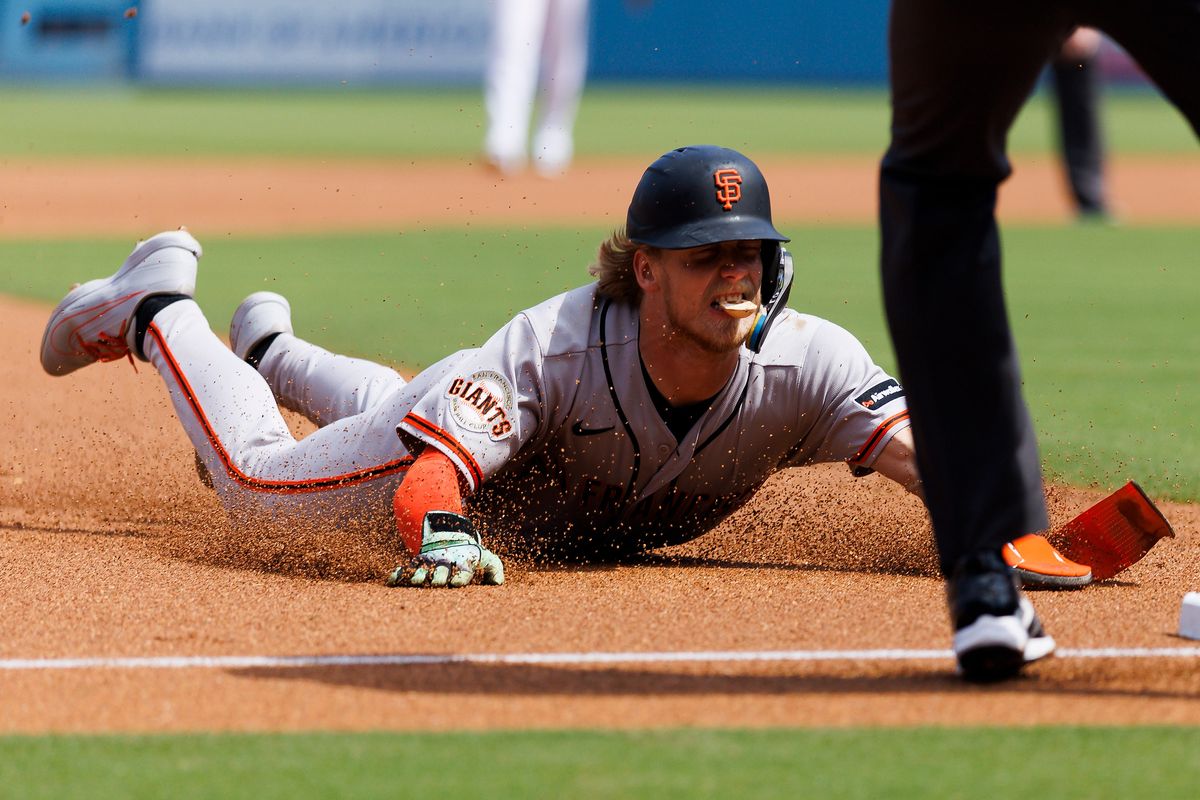Jonah Cox #53 of the San Francisco Giants slides into third base during the game against the Los Angeles Dodgers at Dodger Stadium on September 20, 2026 in Los Angeles, California. Jonah Cox #53 of the San Francisco Giants slides into third base during the game against the Los Angeles Dodgers at Dodger Stadium on September 20, 2026 in Los Angeles, California.