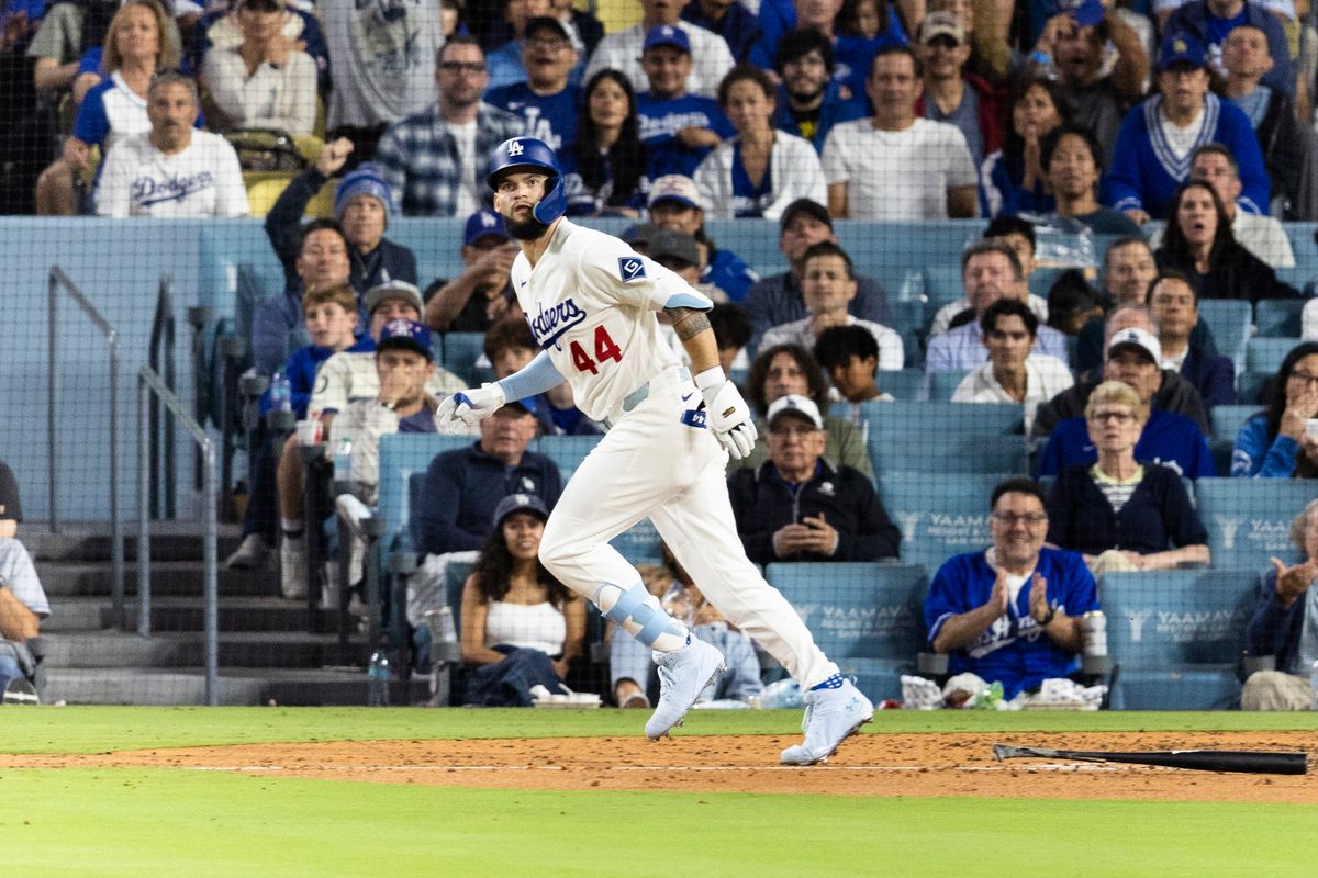 Los Angeles Dodgers center fielder Andy Pages (44) running to first base during a MLB baseball game against the San Diego Padres, Tuesday September 22, 2026 in Los Angeles, California. Los Angeles Dodgers center fielder Andy Pages (44) running to first base during a MLB baseball game against the San Diego Padres, Tuesday September 22, 2026 in Los Angeles, California.