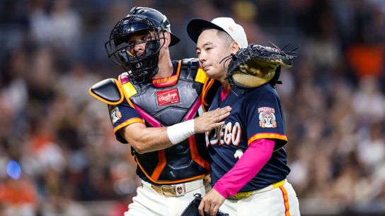 Jul 31, 2026; San Diego, California, USA; San Diego Padres catcher Freddy Fermin (54) embraces relief pitcher Yuki Matsui (1) walking off the field during the fourth inning against the San Francisco Giants at Petco Park. Jul 31, 2026; San Diego, California, USA; San Diego Padres catcher Freddy Fermin (54) embraces relief pitcher Yuki Matsui (1) walking off the field during the fourth inning against the San Francisco Giants at Petco Park.