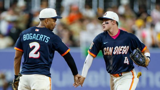Jul 31, 2026; San Diego, California, USA; San Diego Padres center fielder Jackson Merrill (3) celebrates with left fielder Jase Bowen (4) after defeating the San Francisco Giants in the ninth inning at Petco Park. Jul 31, 2026; San Diego, California, USA; San Diego Padres center fielder Jackson Merrill (3) celebrates with left fielder Jase Bowen (4) after defeating the San Francisco Giants in the ninth inning at Petco Park.