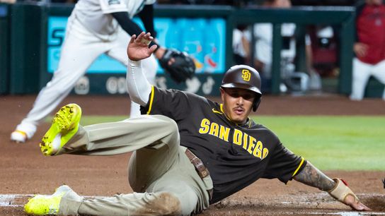 Padres hang 6 runs early, hold D-backs at arms reach rest of the way in win taken at Chase Field (San Diego Padres). Photo by Mark J. Rebilas - Imagn Images