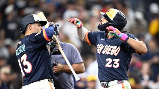 Aug 7, 2026; San Diego, California, USA; San Diego Padres right fielder Fernando Tatis Jr. (23) is congratulated by third baseman Manny Machado (13) after hitting a solo home run during the fifth inning against the Houston Astros at Petco Park. Aug 7, 2026; San Diego, California, USA; San Diego Padres right fielder Fernando Tatis Jr. (23) is congratulated by third baseman Manny Machado (13) after hitting a solo home run during the fifth inning against the Houston Astros at Petco Park.