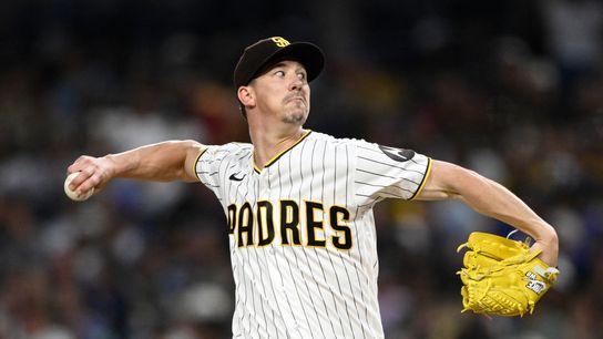 Aug 11, 2026; San Diego, California, USA; San Diego Padres starting pitcher Walker Buehler (10) delivers during the fifth inning against the Milwaukee Brewers at Petco Park. 