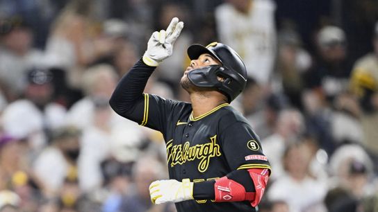 Aug 24, 2026; San Diego, California, USA; Pittsburgh Pirates right fielder Esmerlyn Valdez (55) points skyward after hitting a solo home run during the sixth inning against the San Diego Padres at Petco Park.