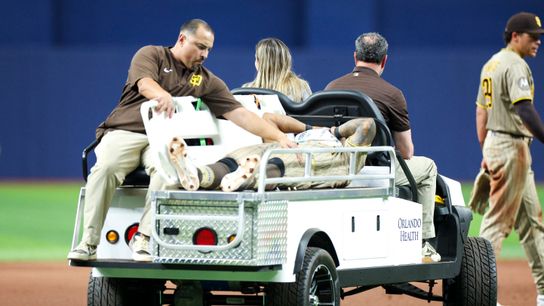 Padres lose see-saw affair to Rays, as well as Luis Rengifo to injury taken at Tropicana Field (San Diego Padres). Photo by Nathan Ray Seebeck - Imagn Images