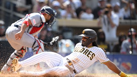 Sep 7, 2026; San Diego, California, USA; San Diego Padres right fielder Fernando Tatis Jr. (23) scores ahead of the throw to Washington Nationals catcher Keibert Ruiz (20) during the third inning at Petco Park. Sep 7, 2026; San Diego, California, USA; San Diego Padres right fielder Fernando Tatis Jr. (23) scores ahead of the throw to Washington Nationals catcher Keibert Ruiz (20) during the third inning at Petco Park.