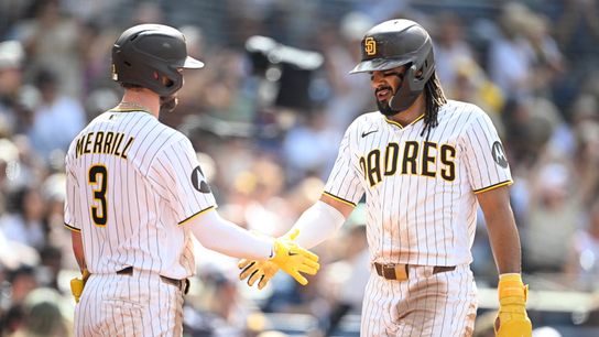 Sep 7, 2026; San Diego, California, USA; San Diego Padres right fielder Fernando Tatis Jr. (23) is congratulated by center fielder Jackson Merrill (3) after scoring during the third inning against the Washington Nationals at Petco Park. Sep 7, 2026; San Diego, California, USA; San Diego Padres right fielder Fernando Tatis Jr. (23) is congratulated by center fielder Jackson Merrill (3) after scoring during the third inning against the Washington Nationals at Petco Park.