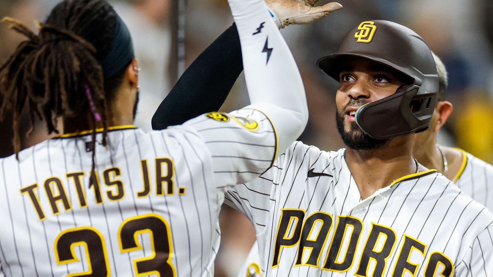 Sep 26, 2026; San Diego, California, USA; San Diego Padres shortstop Xander Bogaerts (2) celebrates with right fielder Fernando Tatis Jr. (23) after hitting a one-run home run during the fifth inning against the Arizona Diamondbacks at Petco Park. Sep 26, 2026; San Diego, California, USA; San Diego Padres shortstop Xander Bogaerts (2) celebrates with right fielder Fernando Tatis Jr. (23) after hitting a one-run home run during the fifth inning against the Arizona Diamondbacks at Petco Park.